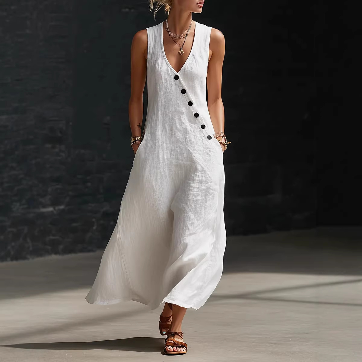 Women's V-Neck Sleeveless A-Line Midi Dress Casual Vacation