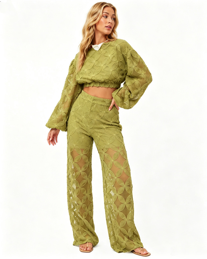 French Vintage Women's Cutout Long Sleeve Top and Pants Set