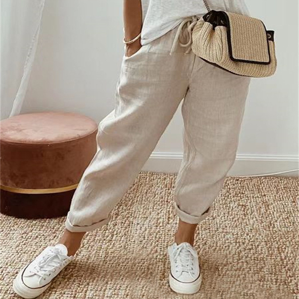 Women's Cotton-Linen Elastic Waist Casual Pants with Pockets