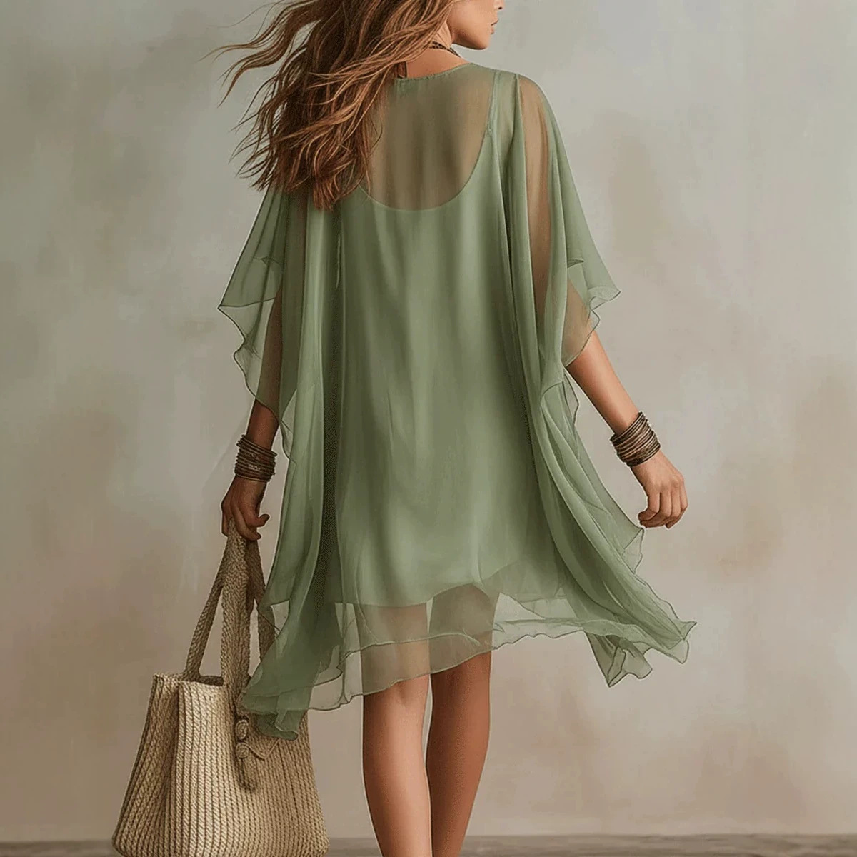 Women's V-Neck Chiffon Dress Loose Beach Cover-Up Midi