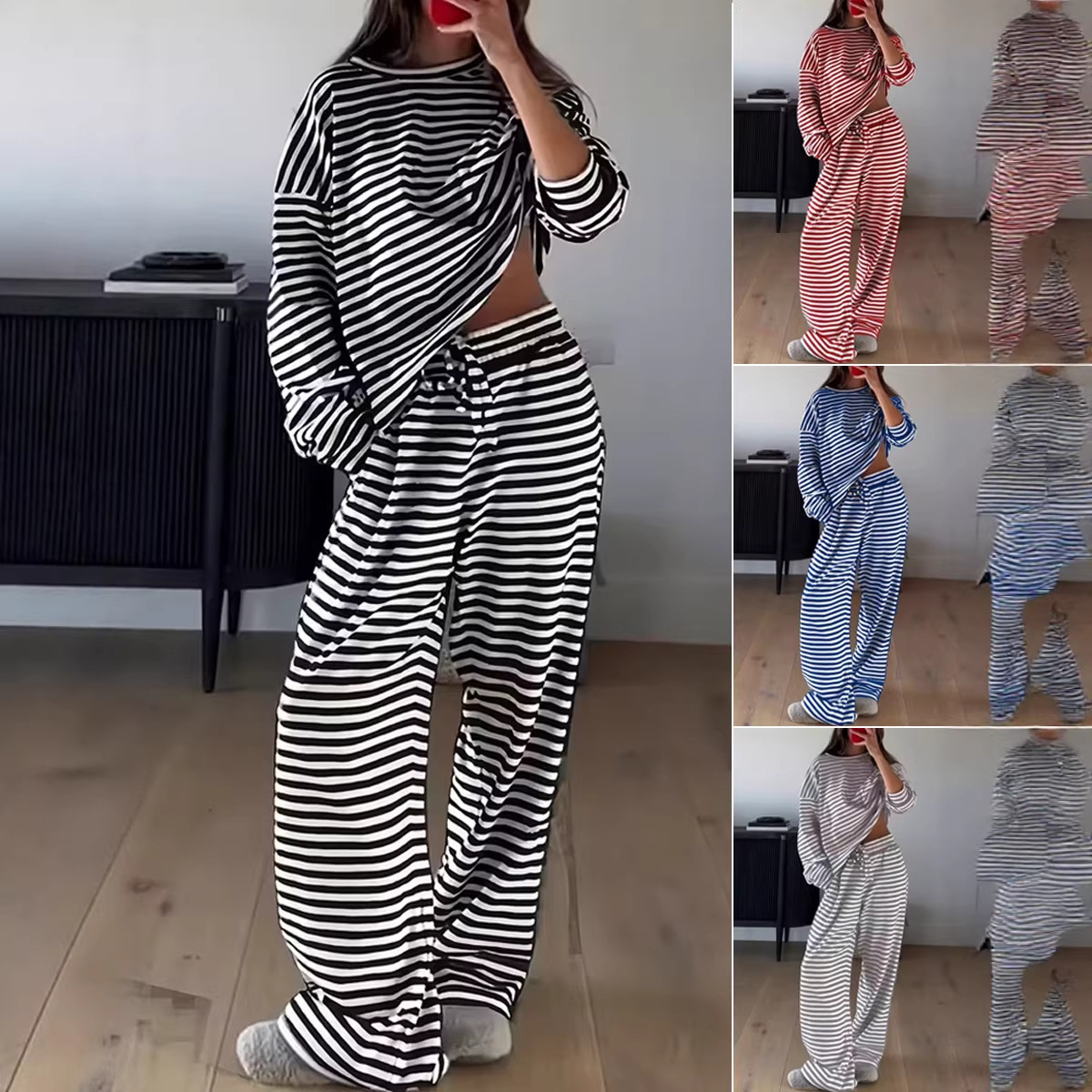 Striped Long-Sleeve Top and High-Waist Pants Casual Set