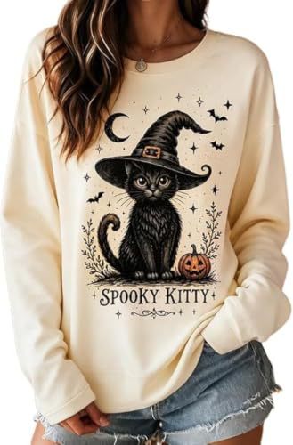 Women's Halloween Witch Hat Cat Print Sweatshirt