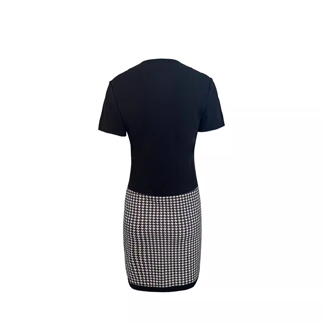 V-Neck Short Sleeve Houndstooth A-Line Midi Dress