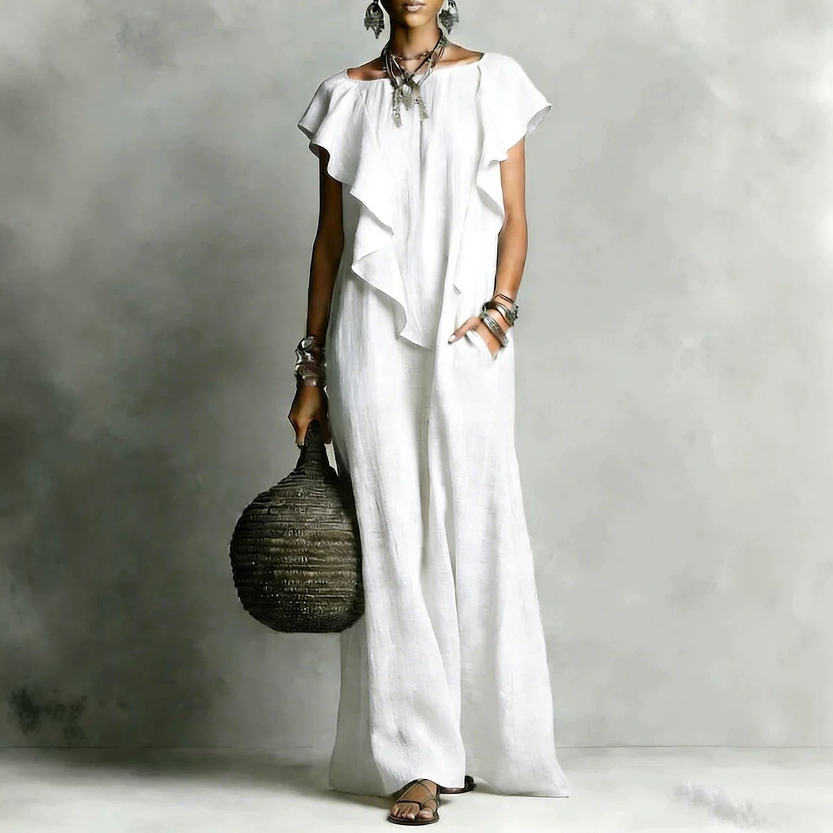 Women's Boat Neck Ruffle Long Dress Casual Loose Fit