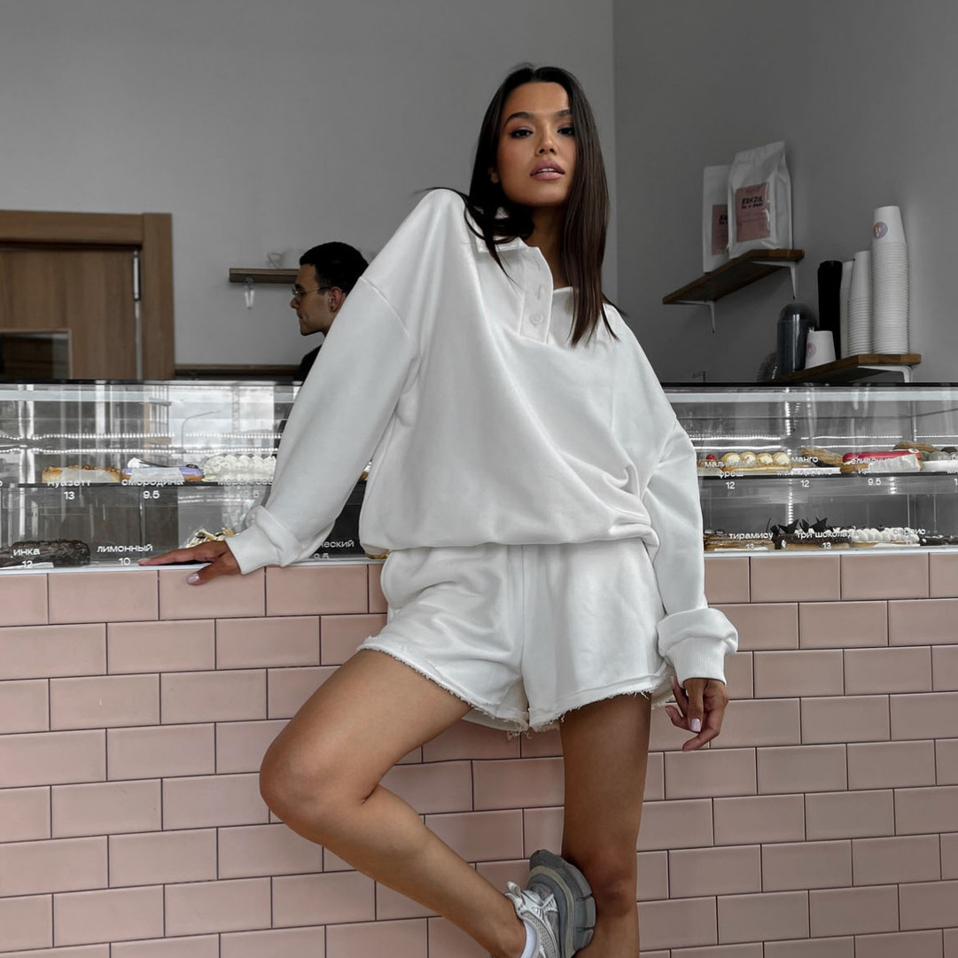 Women's Streetwear Two-Piece Set with Collared Button Top and Shorts