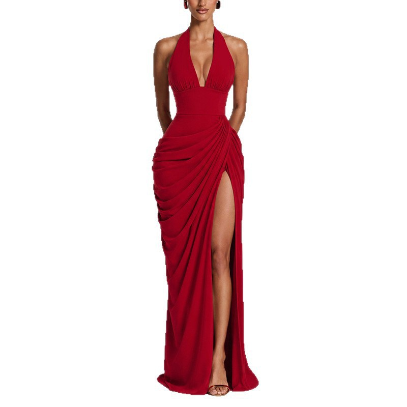 Sexy Halter Neck Slit Solid Color Evening Dress