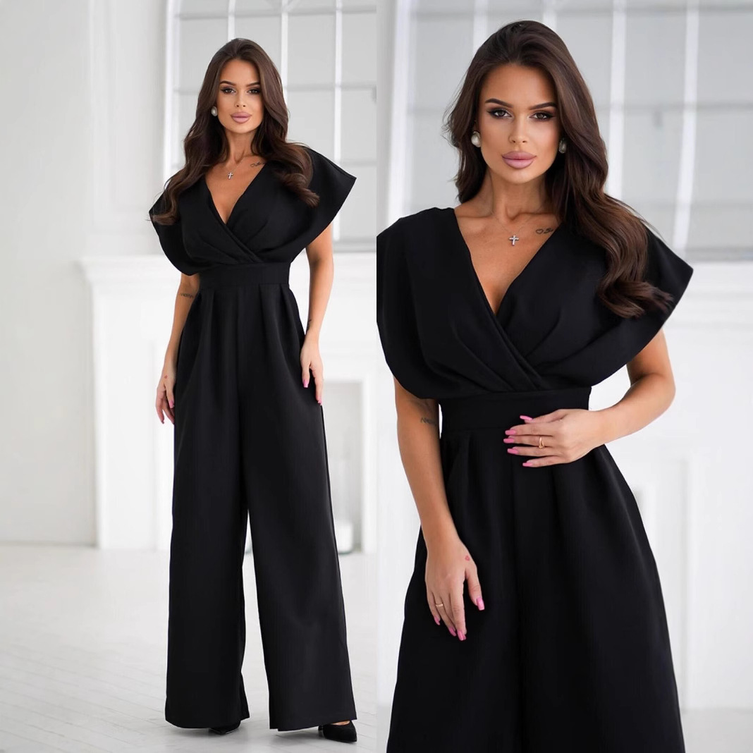 Women's V-Neck Solid Color Waist-Cinched Jumpsuit