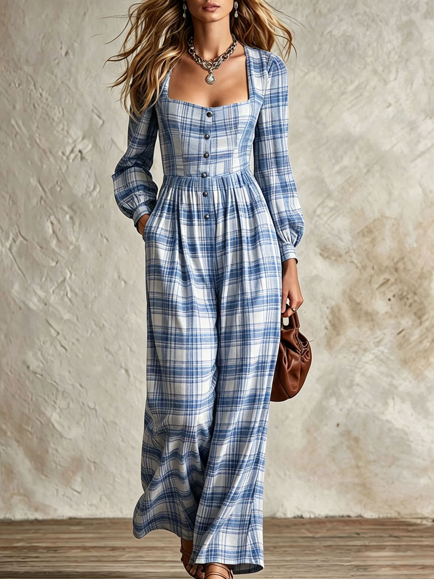 Plaid Square Neck Button-Front Wide-Leg Jumpsuit