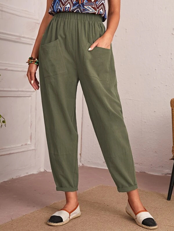 Women's All-Season Cotton-Blend Cropped Pants with Elastic Waist and Slant Pockets