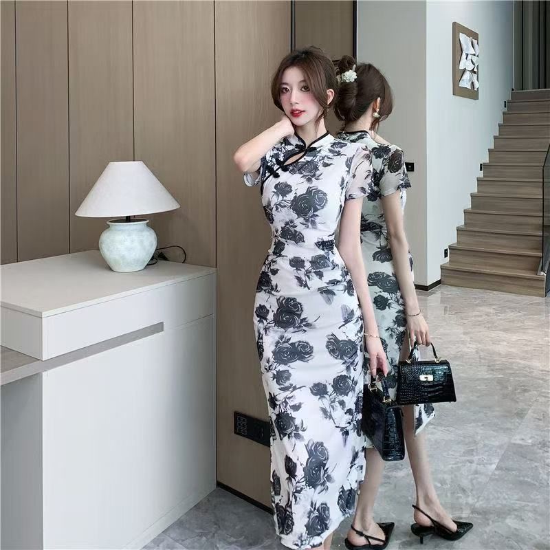 New Chinese Style Floral Print Pleated Cheongsam Dress