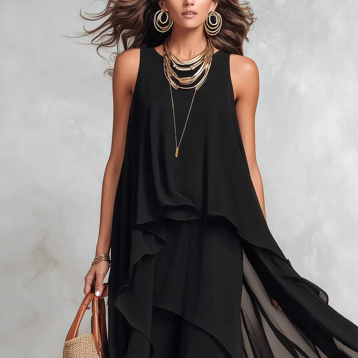 Black Sleeveless Asymmetrical Flowy Maxi Dress