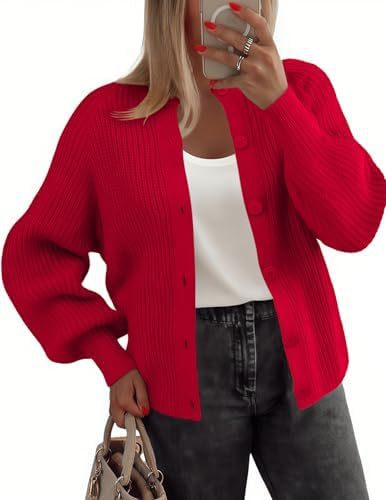 Women's Chunky Knit Button-Front Cardigan Sweater Long Sleeve Crew Neck