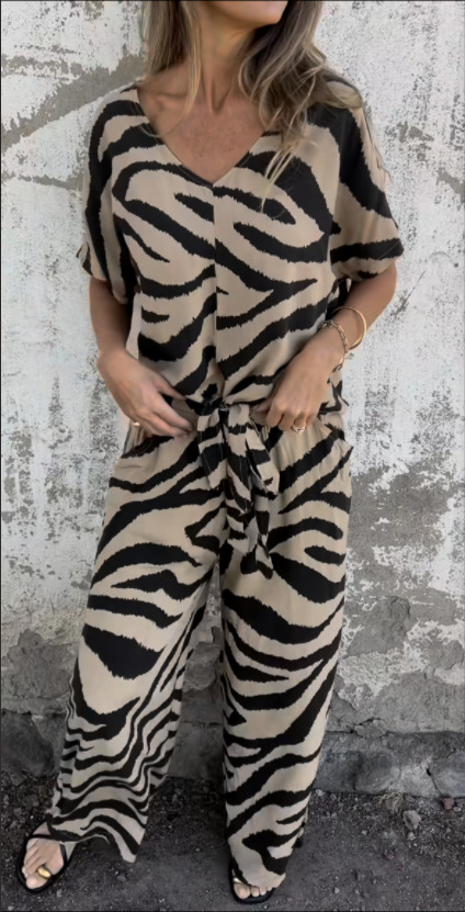 Zebra Print V-Neck Tie Top & Wide-Leg Pants Set