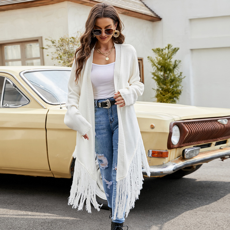 Women's Solid Fringe Knit Cardigan British Style Irregular Sweater Coat