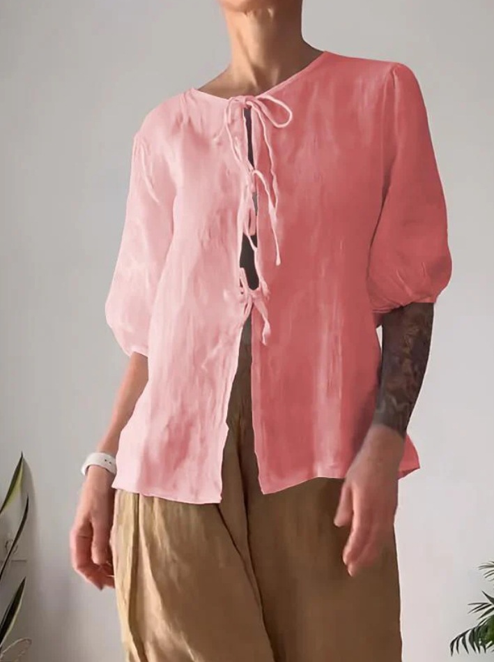 Women's Casual Solid Color Tie-Front Shirt and High-Waist Wide-Leg Pants Two-Piece Set