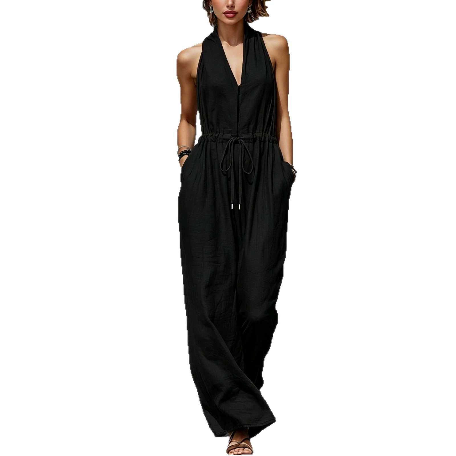 Women's Sleeveless Solid Color Long Wide-Leg Jumpsuit for Vacation