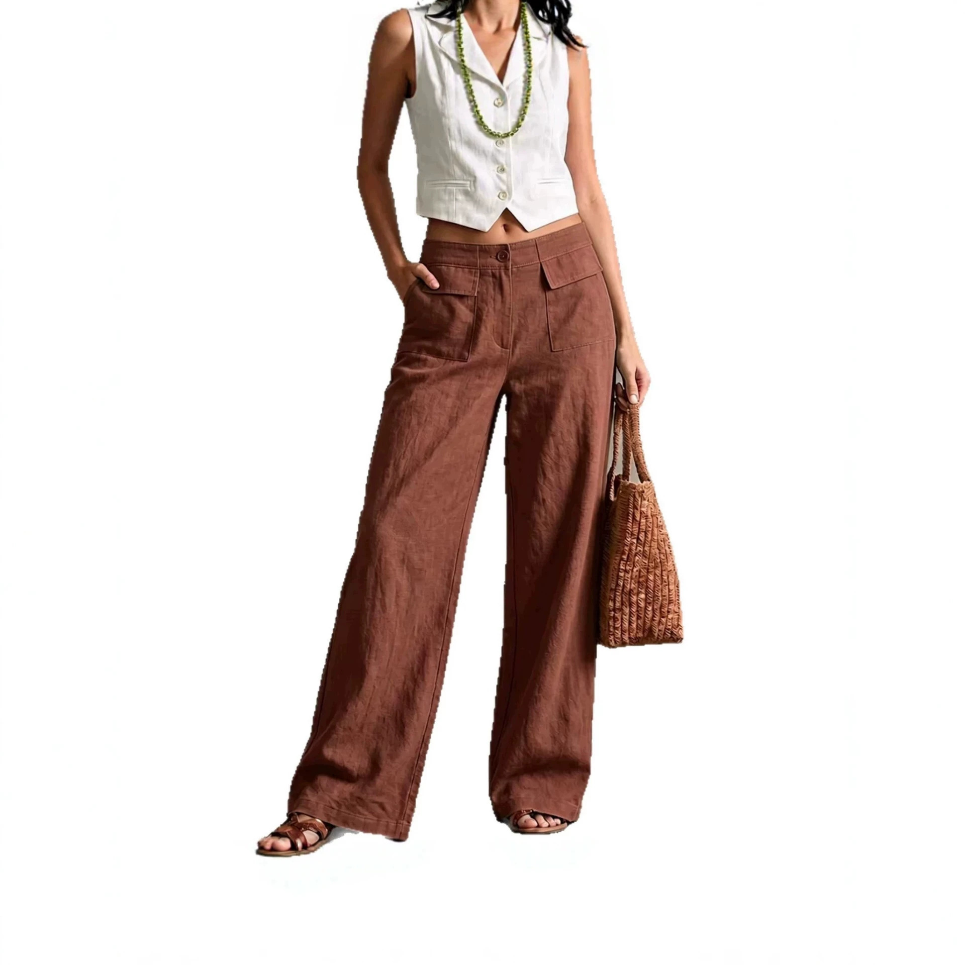 Women's Solid Cotton-Linen Wide-Leg Casual Pants