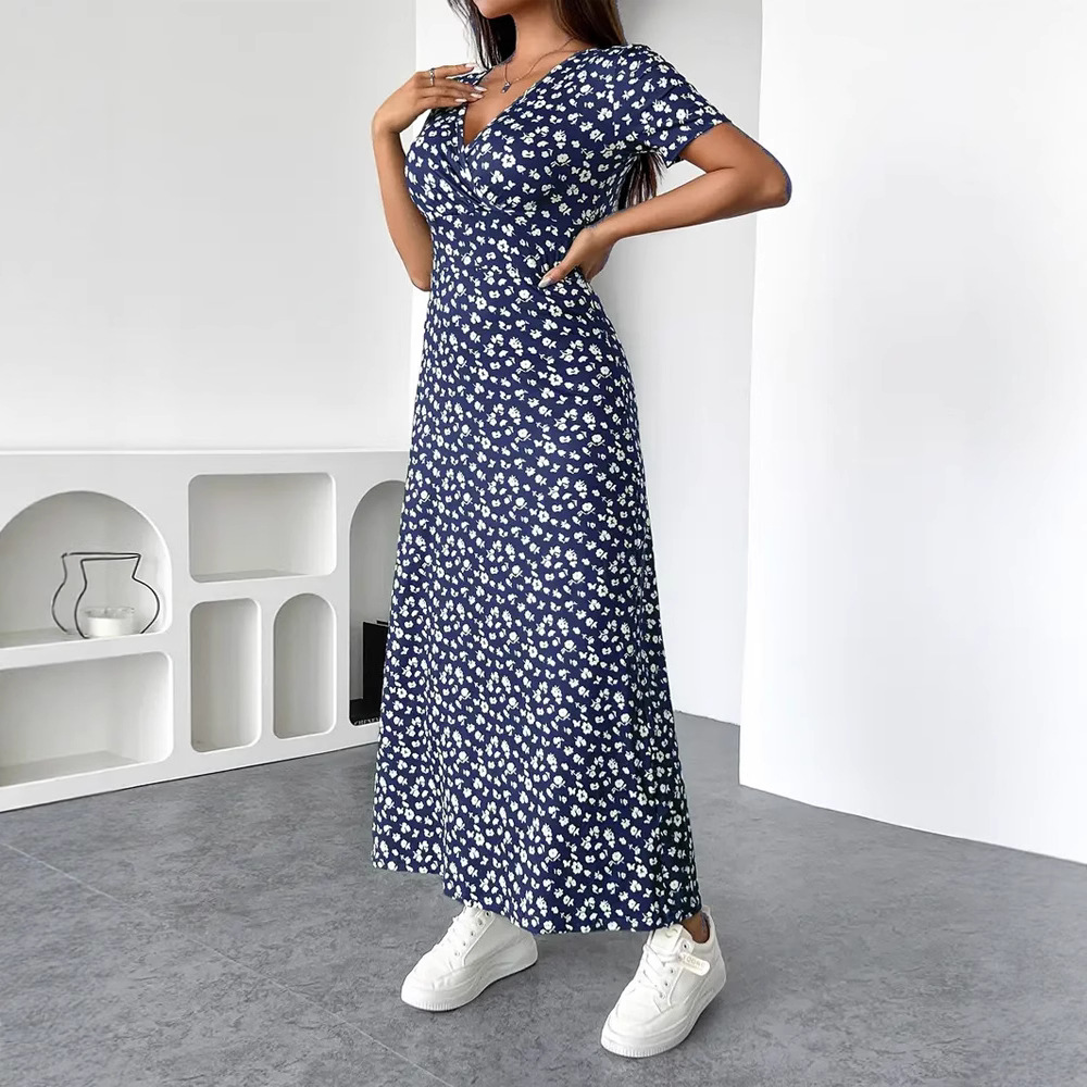 Women's Floral V-Neck Short Sleeve High Waist Midi Dress