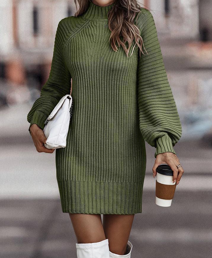 Women's Long Sleeve Turtleneck Sweater Dress Solid Color Knit