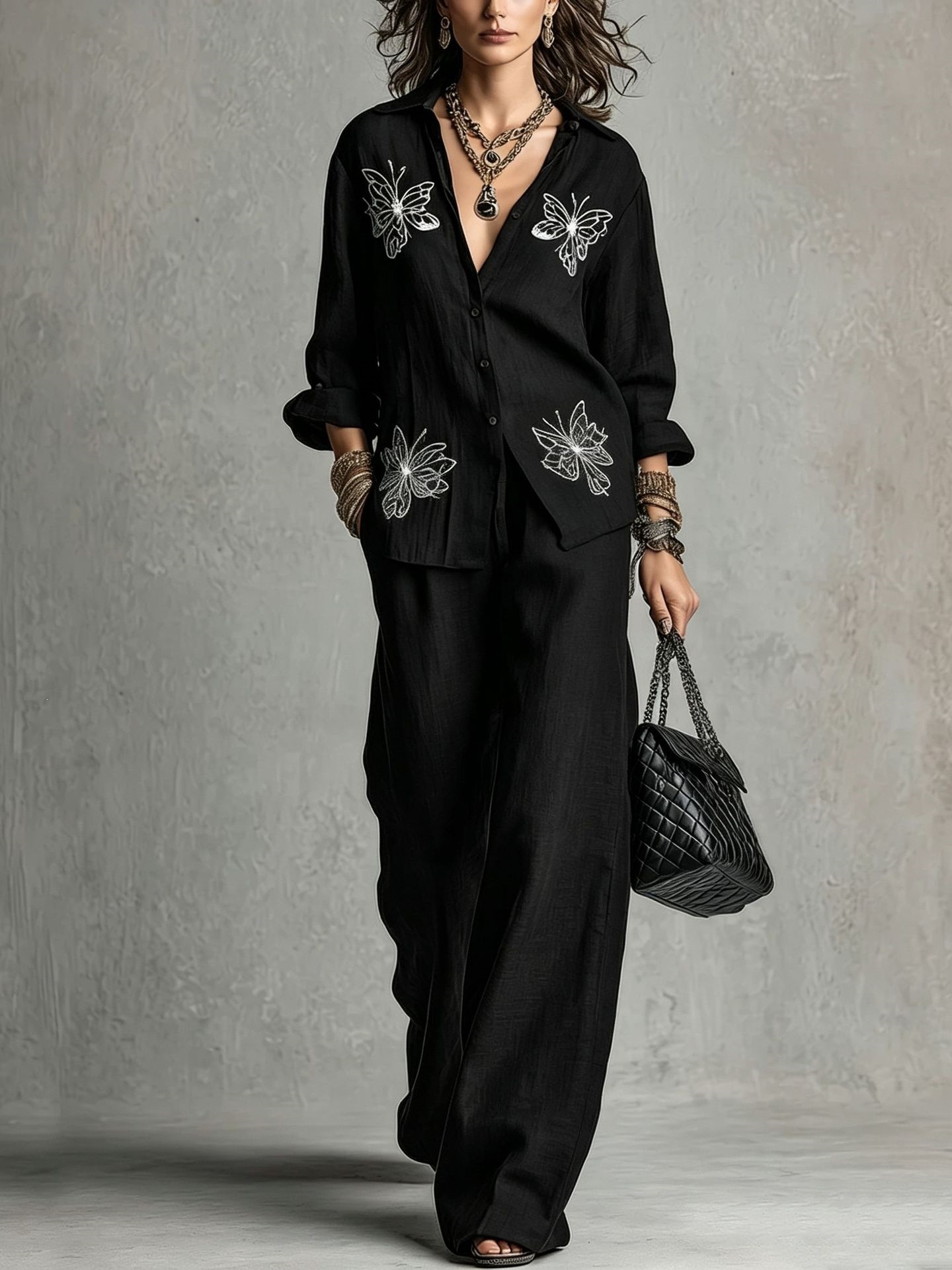 Women's Butterfly Embroidered Shirt & Wide-Leg Pants Two-Piece Set
