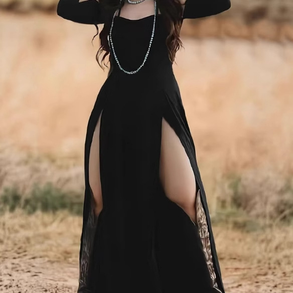Women's Vintage Sleeveless Halter Long Sleeve Dress Solid Color Backless Slit Long Gown