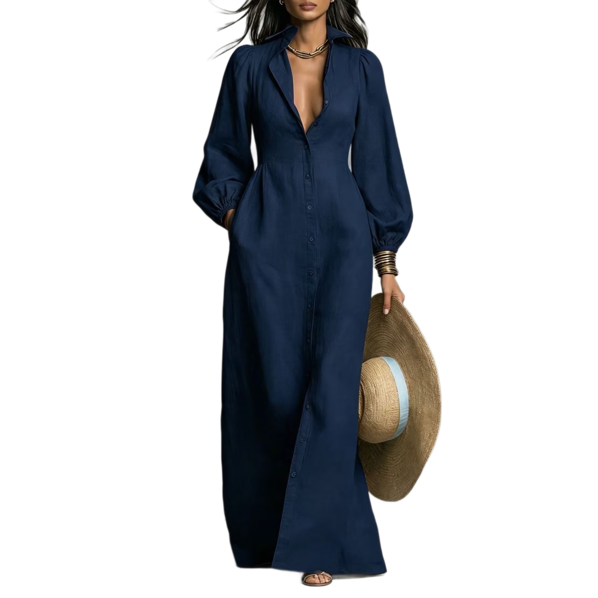 Lantern Sleeve Button-Front Long Shirt Dress Retro Casual