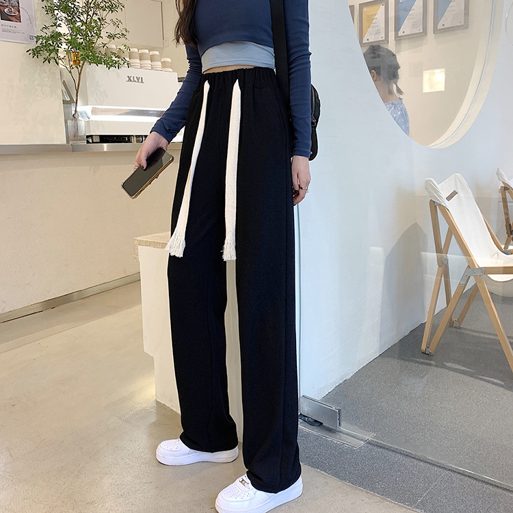 Women's High-Waist Wide-Leg Knit Pants with Tie Belt