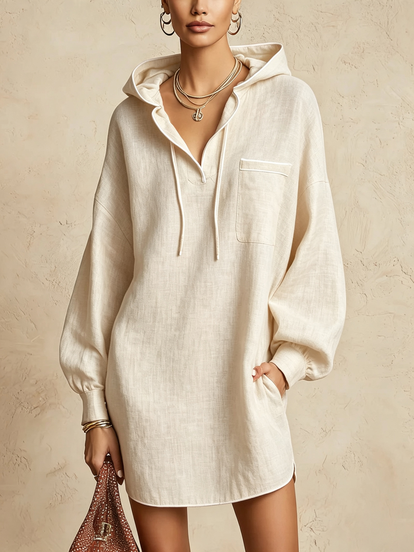 Women's Drawstring Long Sleeve Midi Hooded Sweatshirt Dress Textured Cotton Linen Casual