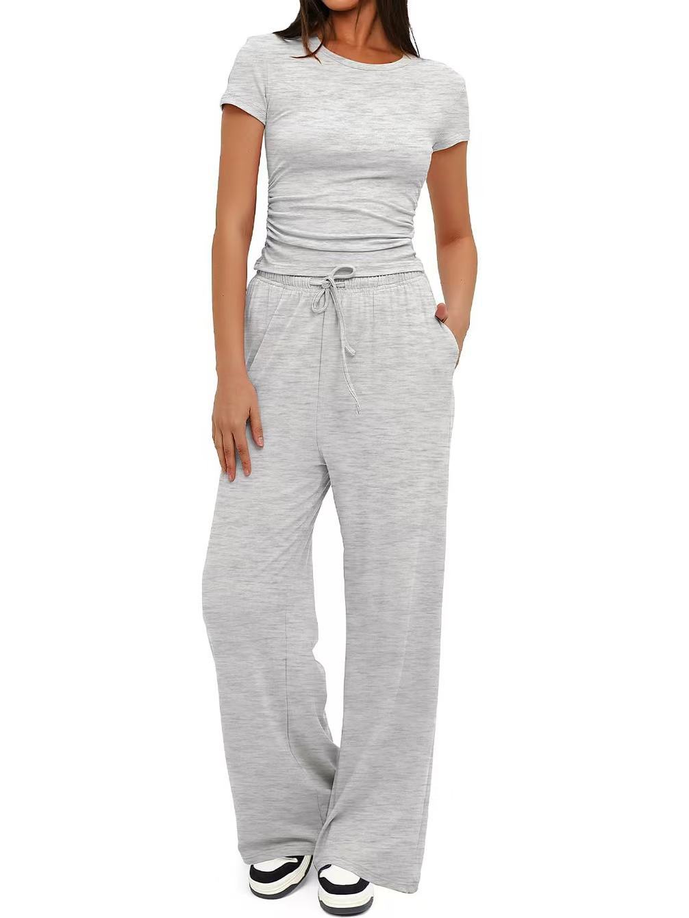 Women's Wide-Leg Two-Piece Set Short Sleeve Casual Commuter Outfit
