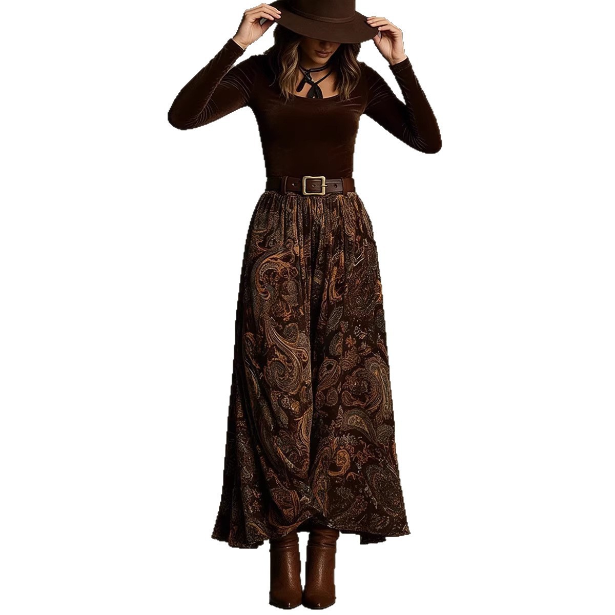 Slim-Fit Top & Vintage Floral Maxi Skirt Set with Belt