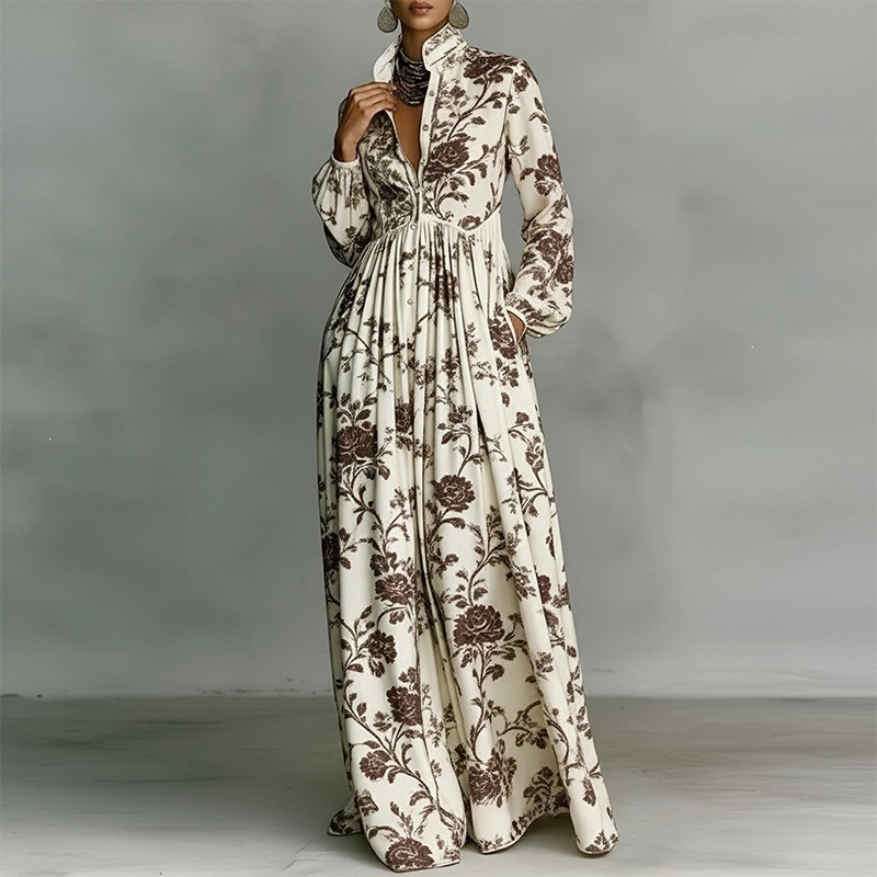French Style Printed Long Dress with Collar, Loose Casual Vacation Dress