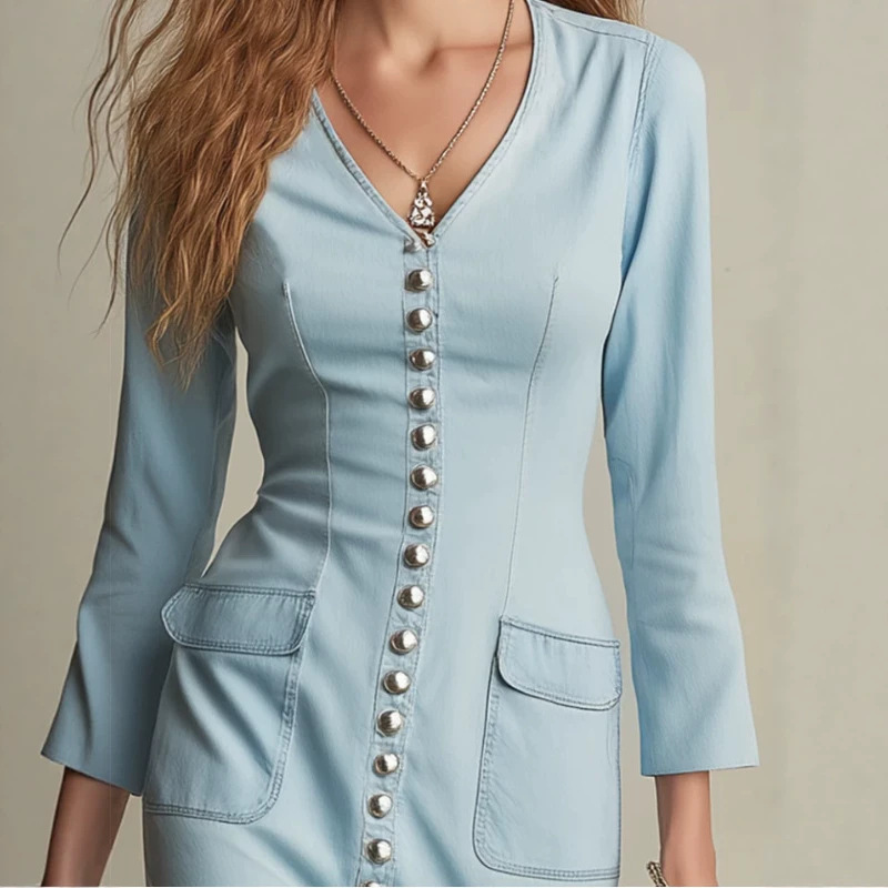 Light Blue V-Neck Slit Long Dress