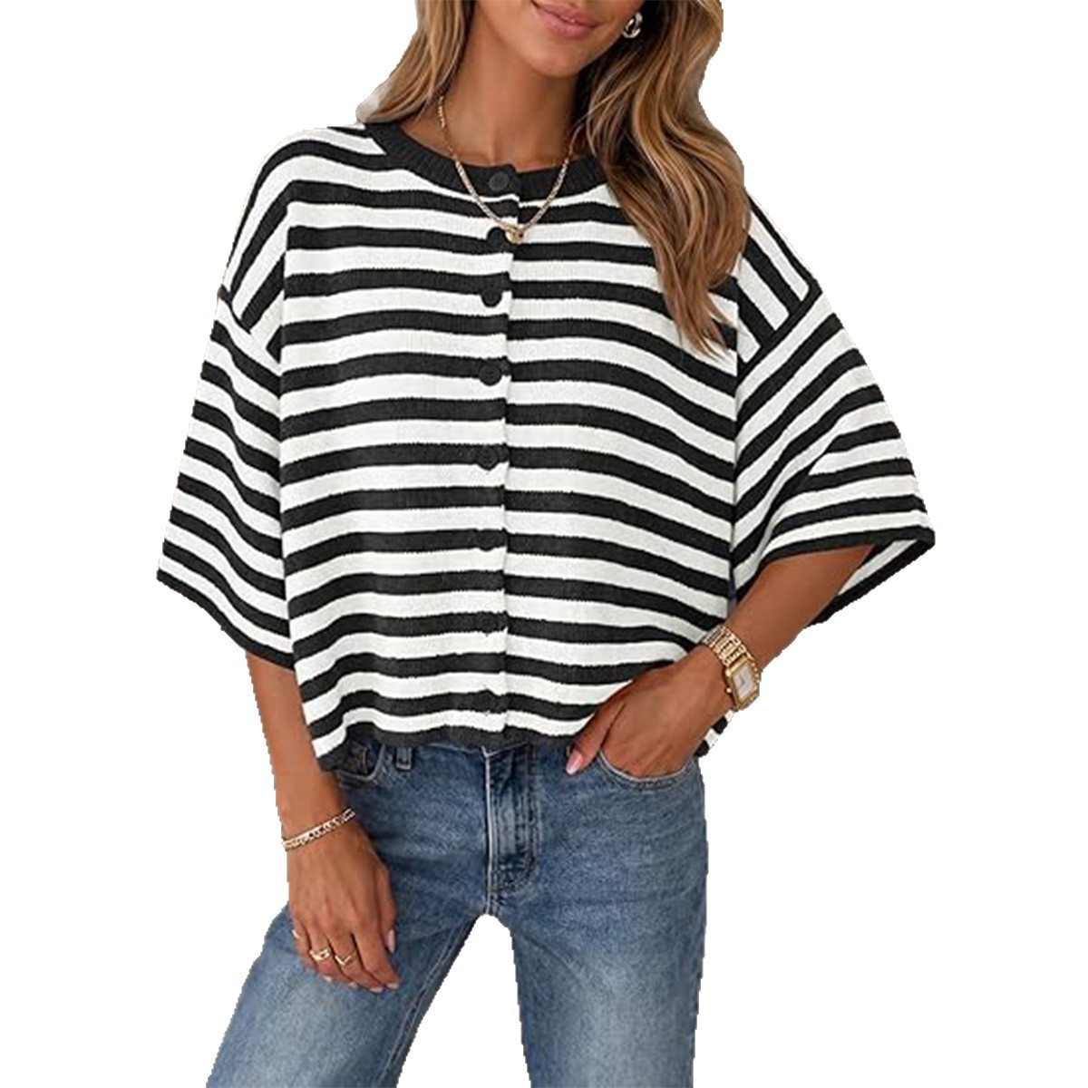Color-Block Striped Bell-Sleeve Button Cardigan Sweater