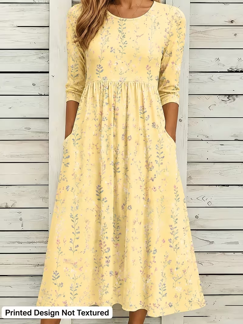 Women's Vintage Floral Print Pleated Midi Dress