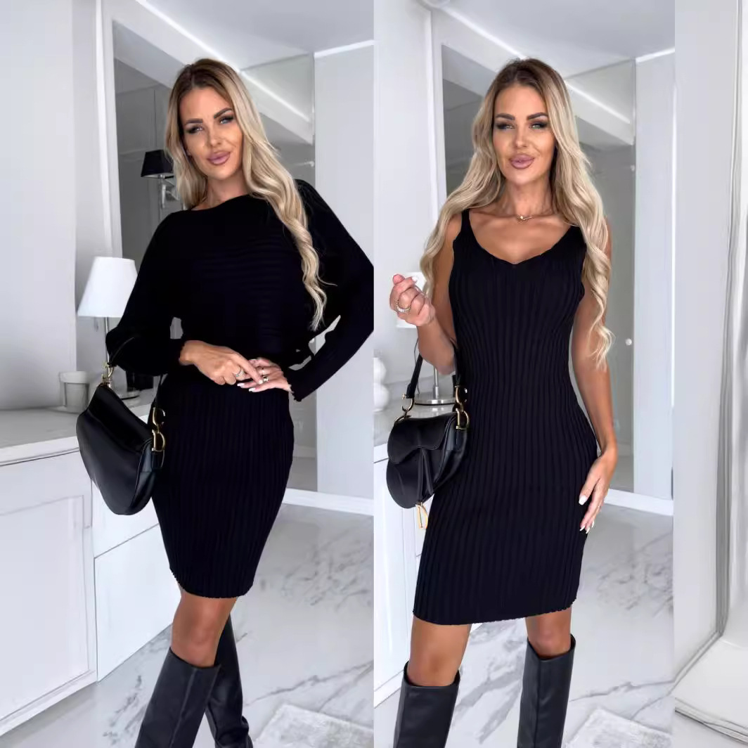 Women's Ribbed Long-Sleeve Top and Cami Dress Set