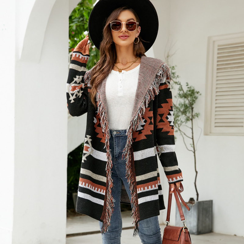 Oversized Hooded Long Fringe Geometric Jacquard Cardigan