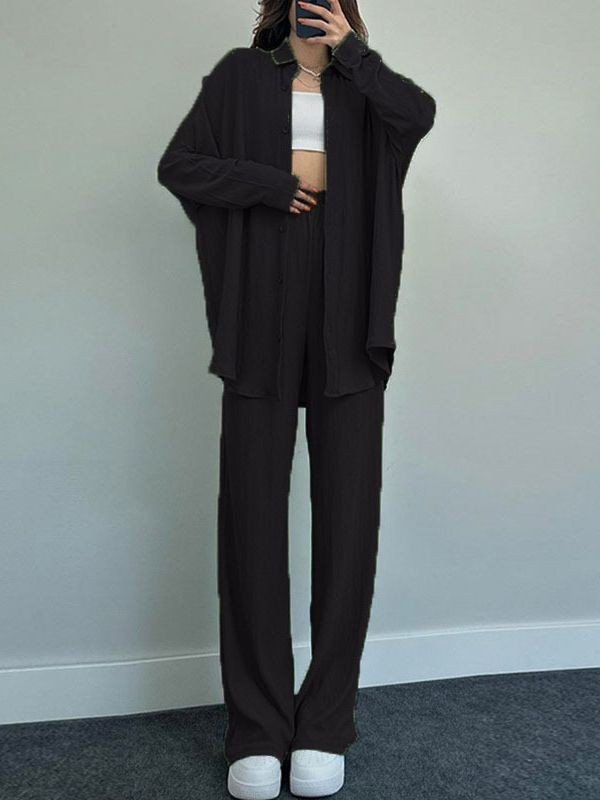 Women's Loose Stretch Crinkle Long Sleeve Shirt & Wide Leg Pants Casual 2-Piece Set