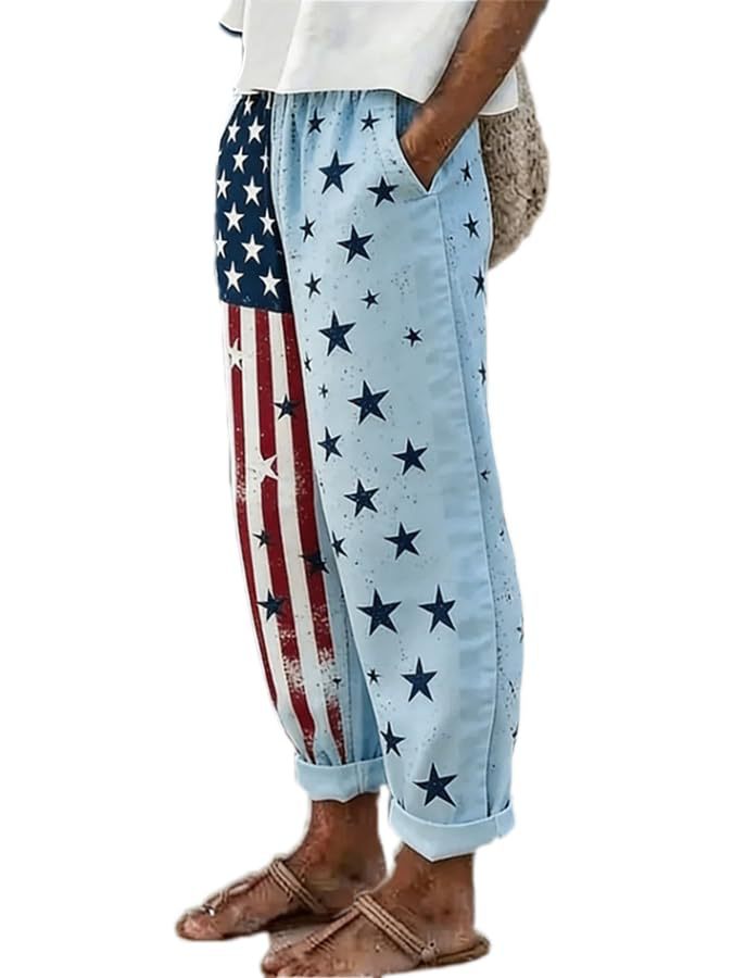 Women's American Flag Print Jogger Pants Casual Tapered