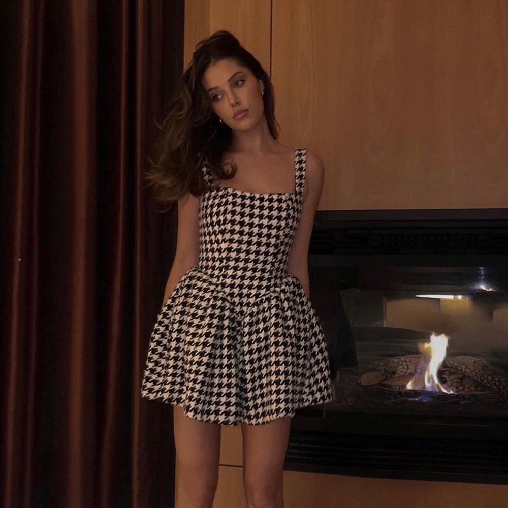 Houndstooth One-Shoulder Backless High-Waist Bodycon Dress