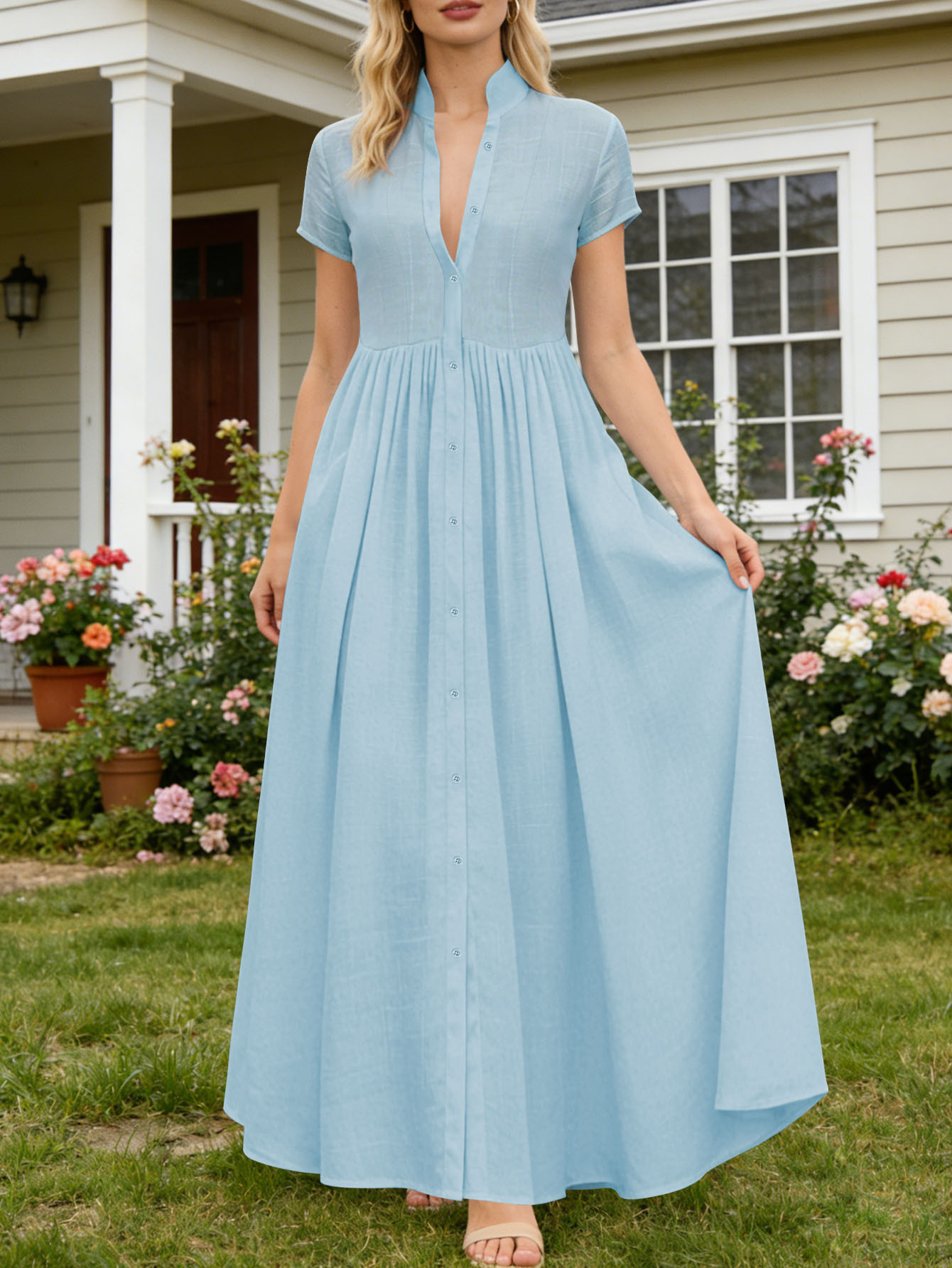 Elegant Stand Collar High Waist Pleated Flowy Maxi Dress