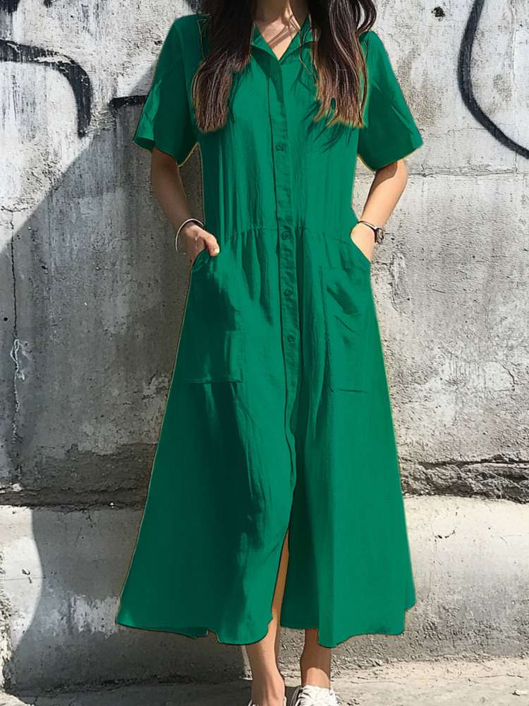Women's Button-Front Short-Sleeve Casual Dress with Pockets