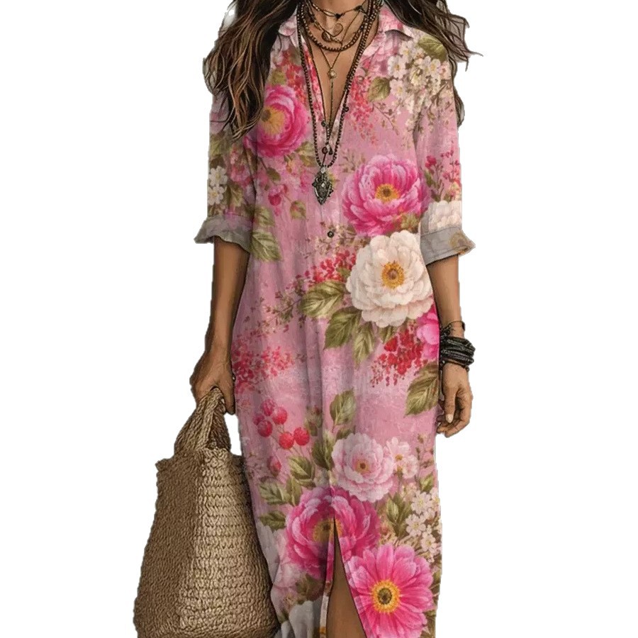 Bohemian V-Neck Midi Dress Short Sleeve A-Line Geometric Print