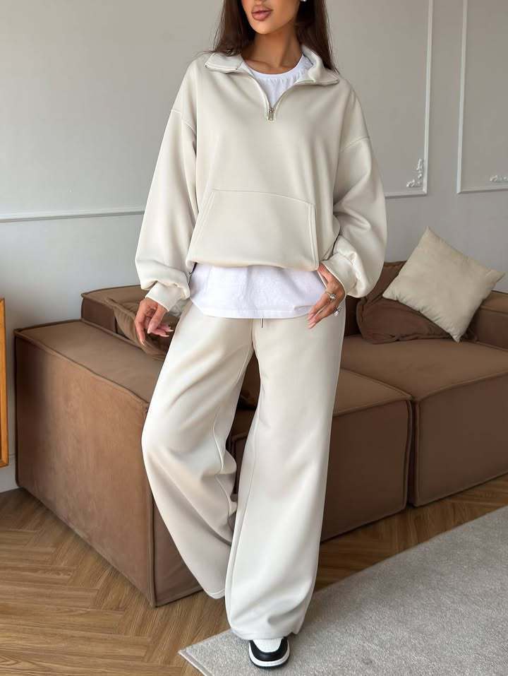 Women's Cotton Blend Zip Collar Pullover Hoodie and Wide-Leg Pants Two-Piece Set