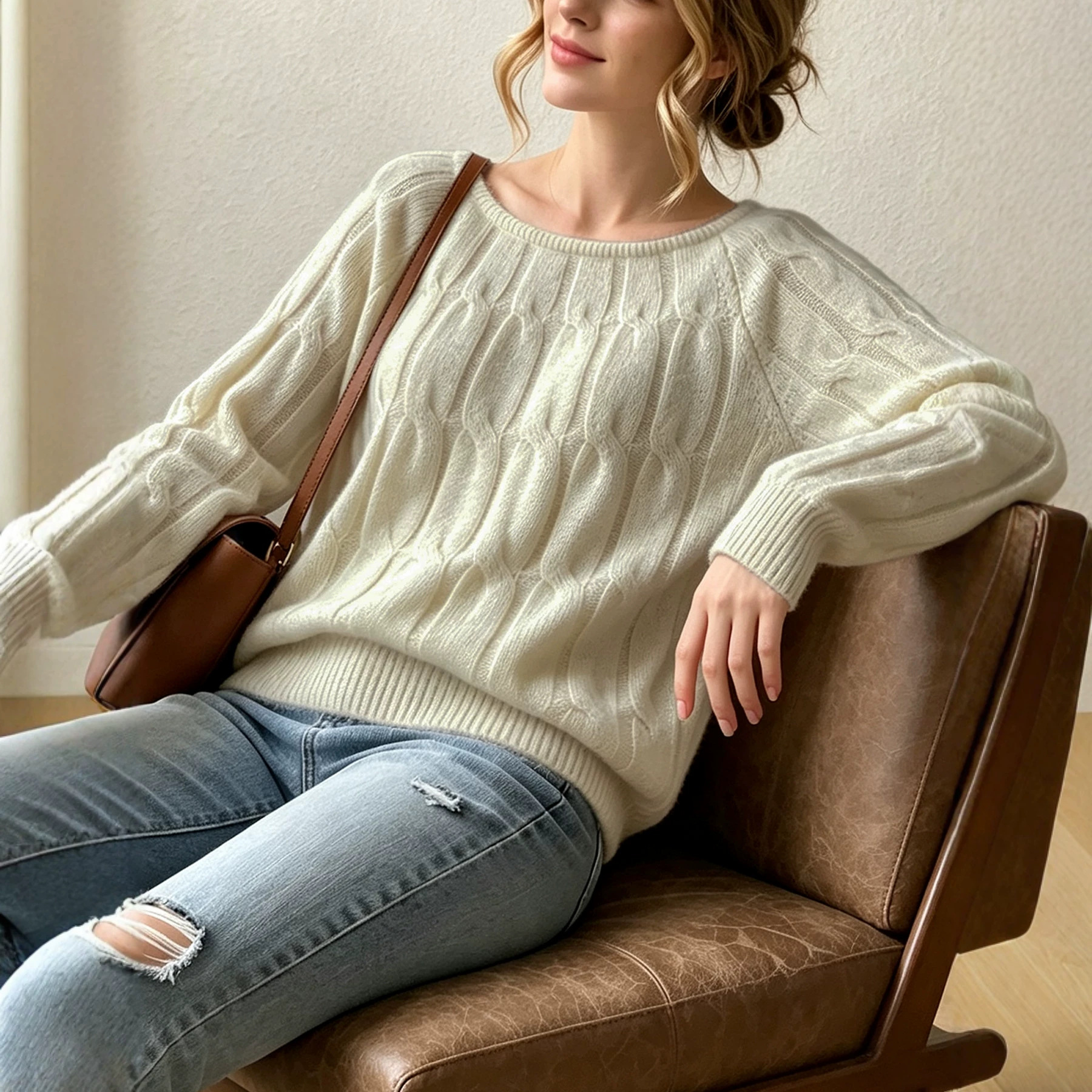 Women's Cable Knit Off-Shoulder Sweater Vintage Loose Raglan Sleeve Ribbed Hem