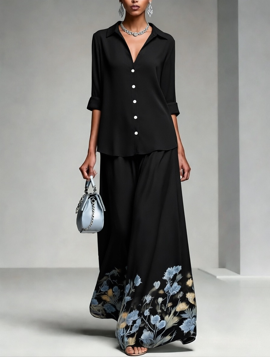 Floral Print Shirt and A-Line Midi Skirt Set with Collar and 3/4 Sleeves