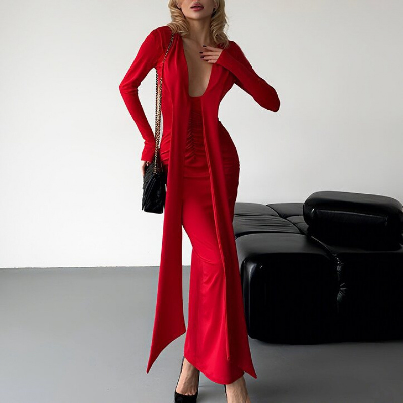 Sexy Deep V-Neck Long Sleeve Tie Slim Solid Dress