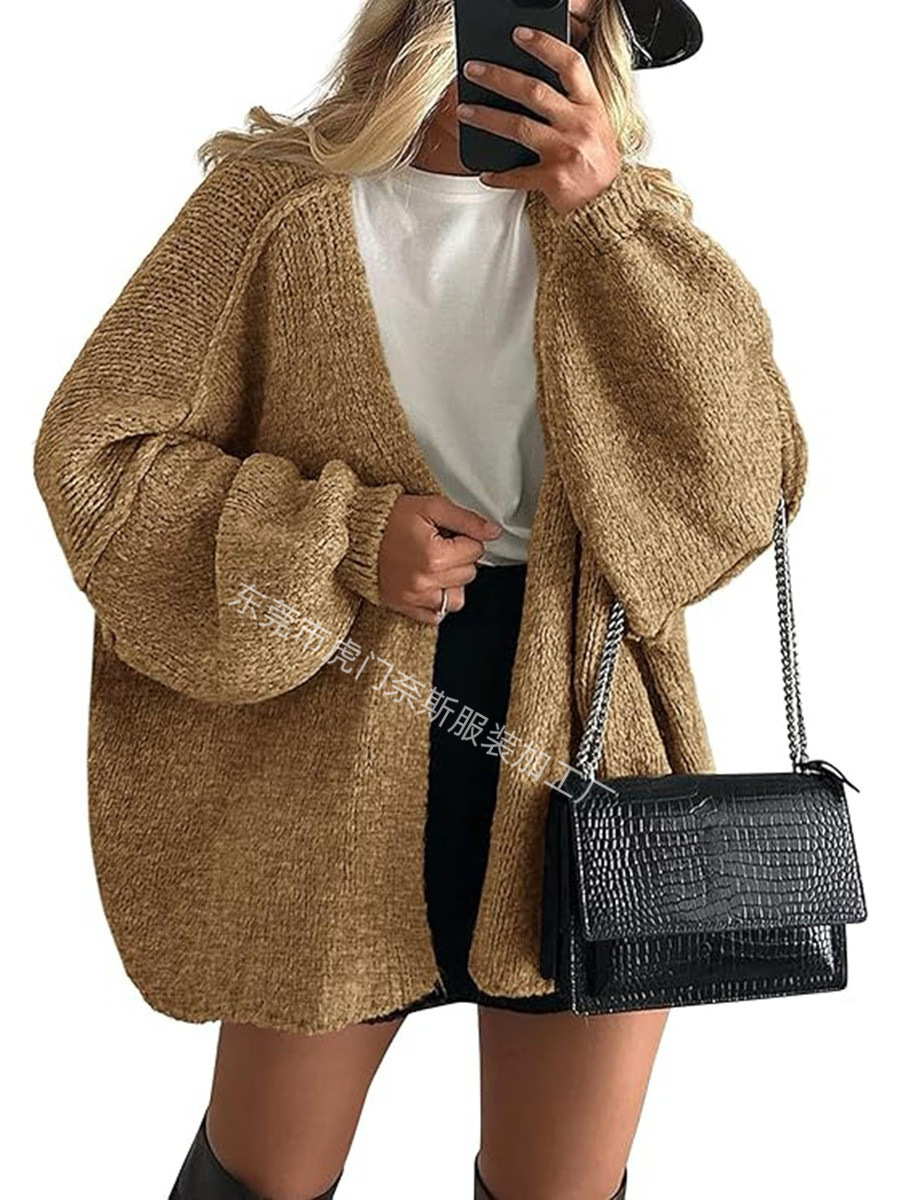Women's Knit Cardigan Sweater Loose Crew Neck Three-Quarter Sleeve