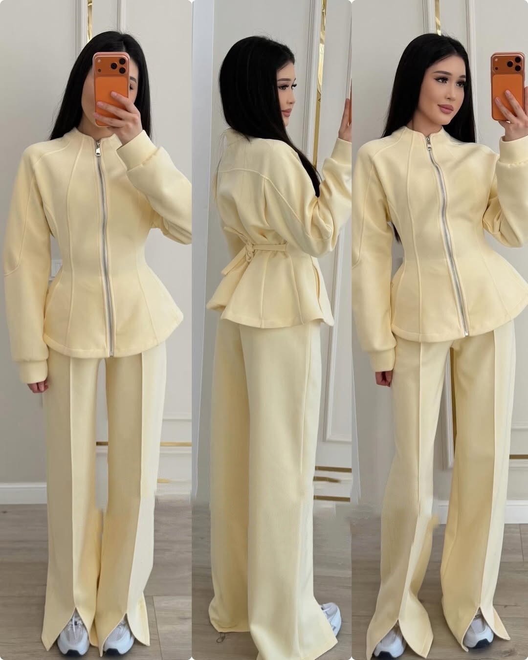 Women's Two-Piece Long Sleeve Jacket and Pants Set, Solid Color, Polyester