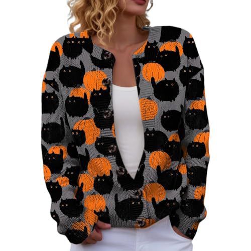 Halloween Pumpkin Castle Print Faux Knit Cardigan for Women