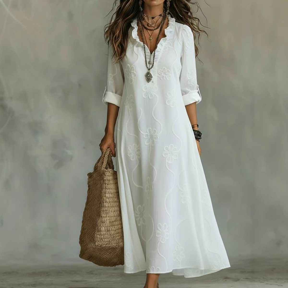 Embroidered Cotton-Linen Blend Dress with V-Neck and Lantern Sleeves